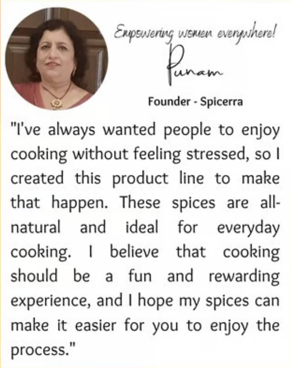 Punam, founder of Spicerra, with her message: I've always wanted people to enjoy cooking without feeling stressed, so I created this product line to make that happen.